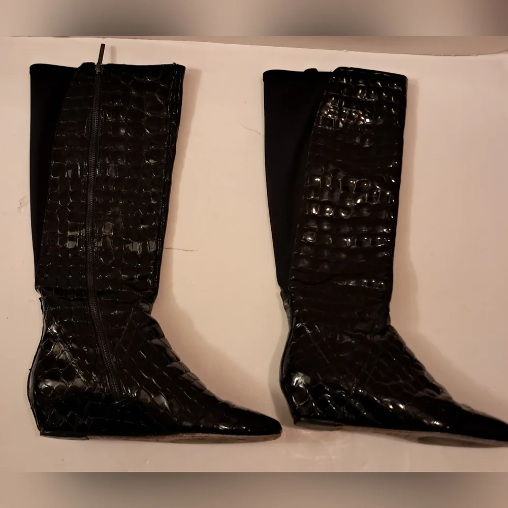 Donald Pliner Boots Women's 7.5 Black Patrice Crocodile Patent Leather Tall